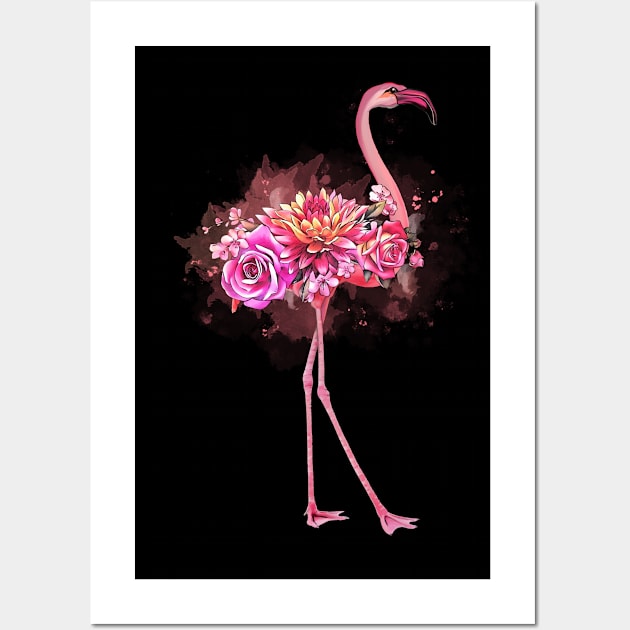 Pink Flamingo and pink flowers roses Wall Art by Collagedream